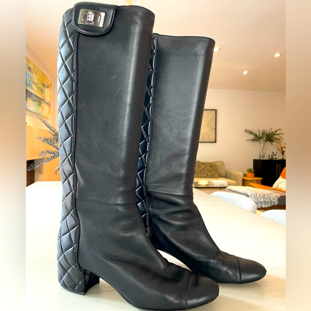 Chanel Riding Boot Knee-High Black Leather Size 40